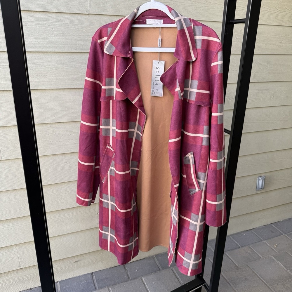 NWT Women Solitaire Ravi Khosla Faux Suede Plaid Lightweight Trench Coat Large‎